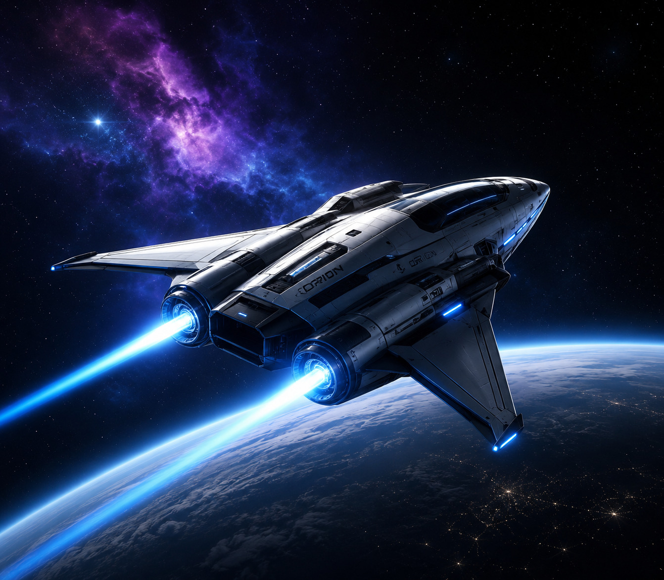 Nave futurista avançando pelo espaço